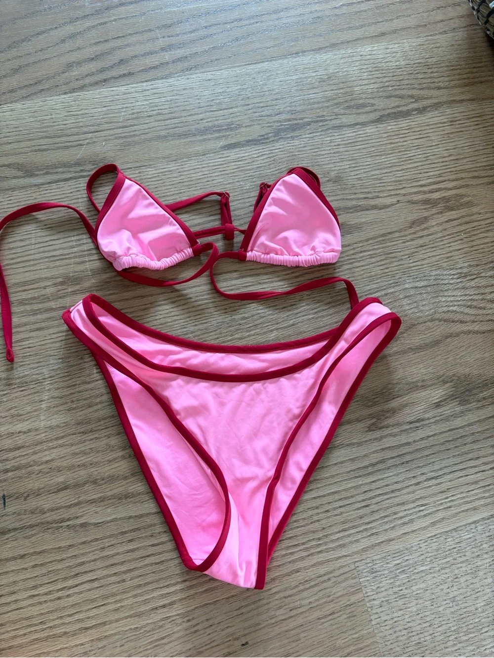 Frankie's Bikinis Pink with Red Trim Triangle Bikini Set